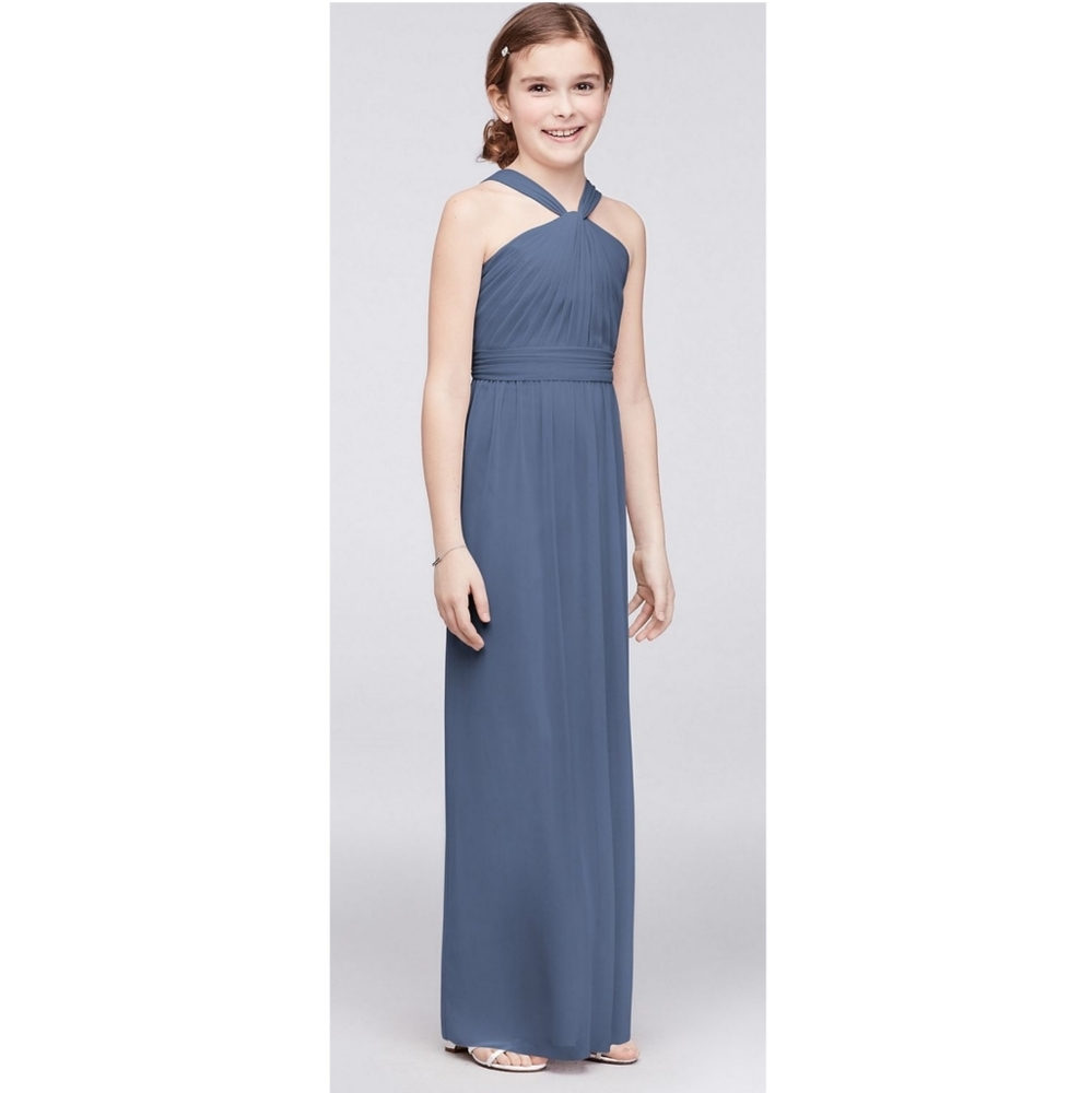 David's Bridal Y-neck Steel Blue junior bridesmaid